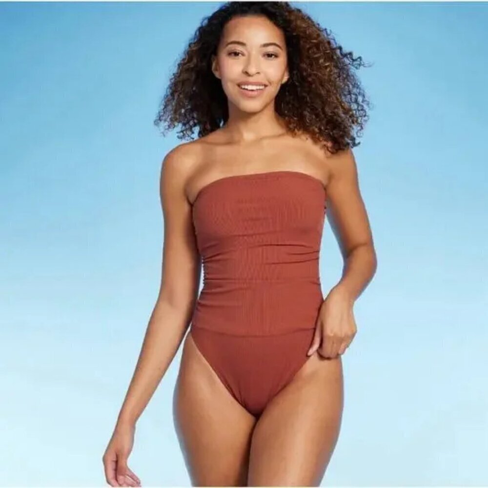 Shade & Shore Size S (4-6) Rusty Brown Ribbed One-Piece Convertible Swimsuit